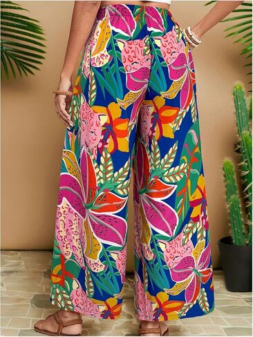 MakeMeChic Women's Plus Size Floral Palazzo Pants Elastic Waist Wide Leg Tropical Print Summer Trousers in Saudi Arabia
