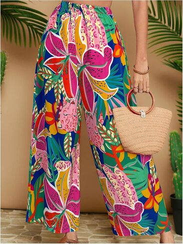 MakeMeChic Women's Plus Size Floral Palazzo Pants Elastic Waist Wide Leg Tropical Print Summer Trousers in Saudi Arabia