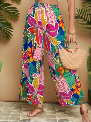 MakeMeChic Women's Plus Size Floral Palazzo Pants Elastic Waist Wide Leg Tropical Print Summer Trousers in Saudi Arabia