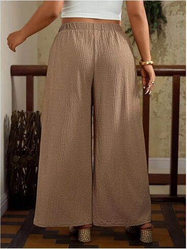 MakeMeChic Women's Plus Size Floral Palazzo Pants Elastic Waist Wide Leg Tropical Print Summer Trousers in Saudi Arabia