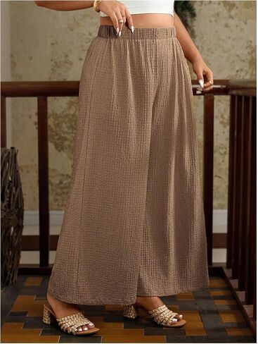 MakeMeChic Women's Plus Size Floral Palazzo Pants Elastic Waist Wide Leg Tropical Print Summer Trousers in Saudi Arabia