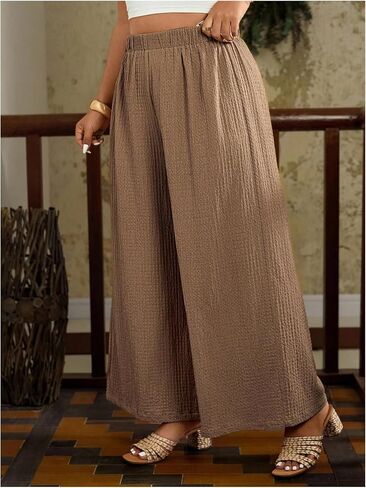 MakeMeChic Women's Plus Size Floral Palazzo Pants Elastic Waist Wide Leg Tropical Print Summer Trousers in Saudi Arabia