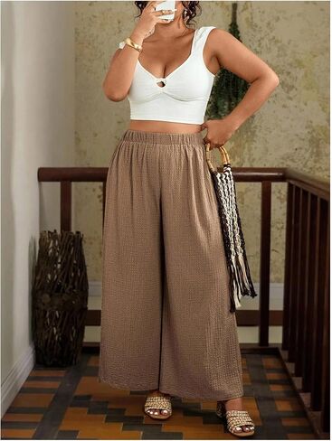 MakeMeChic Women's Plus Size Floral Palazzo Pants Elastic Waist Wide Leg Tropical Print Summer Trousers in Saudi Arabia