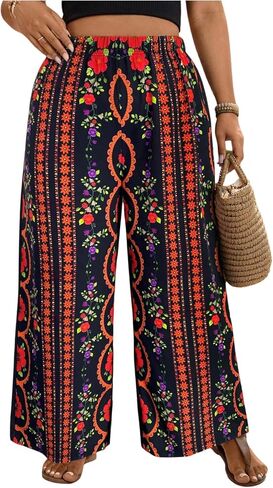 MakeMeChic Women's Plus Size Floral Palazzo Pants Elastic Waist Wide Leg Tropical Print Summer Trousers in Kuwait