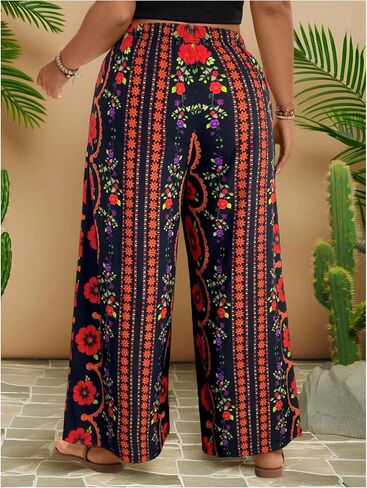 MakeMeChic Women's Plus Size Floral Palazzo Pants Elastic Waist Wide Leg Tropical Print Summer Trousers in Kuwait