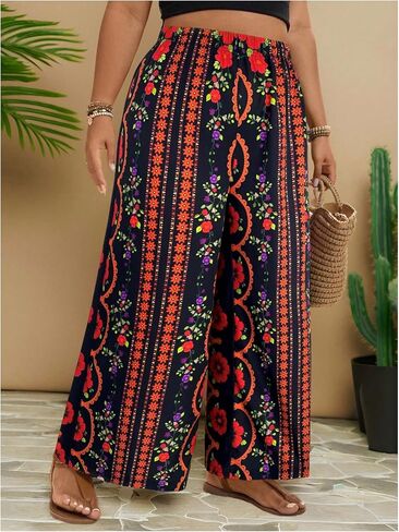 MakeMeChic Women's Plus Size Floral Palazzo Pants Elastic Waist Wide Leg Tropical Print Summer Trousers in Kuwait