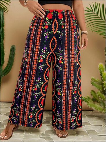 MakeMeChic Women's Plus Size Floral Palazzo Pants Elastic Waist Wide Leg Tropical Print Summer Trousers in Kuwait