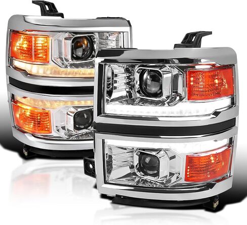 SPEC-D TUNING Chrome w/Silver Trim Projector Headlights w/Sequential Switchback LED Strip and Startup Animation Compatible with 2014-2015 Chevy Silverado 1500, Left + Right Pair Headlamps Assembly in Saudi Arabia