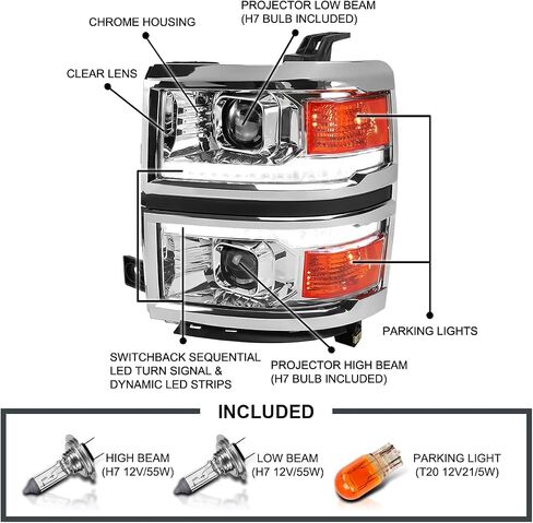 SPEC-D TUNING Chrome w/Silver Trim Projector Headlights w/Sequential Switchback LED Strip and Startup Animation Compatible with 2014-2015 Chevy Silverado 1500, Left + Right Pair Headlamps Assembly in Saudi Arabia