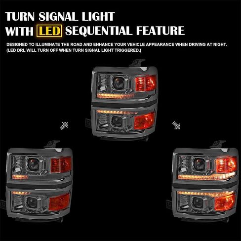 SPEC-D TUNING Chrome w/Silver Trim Projector Headlights w/Sequential Switchback LED Strip and Startup Animation Compatible with 2014-2015 Chevy Silverado 1500, Left + Right Pair Headlamps Assembly in Saudi Arabia