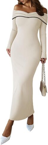 HUUSA Off The Shoulder Dress for Women 2025 Long Sleeve Bodycon Sexy Party Maxi Color Block Dresses in Kuwait