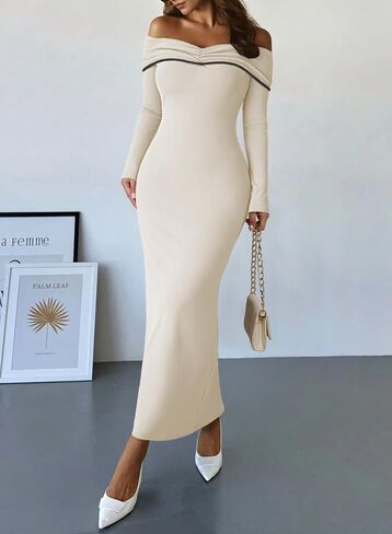 HUUSA Off The Shoulder Dress for Women 2025 Long Sleeve Bodycon Sexy Party Maxi Color Block Dresses in Kuwait