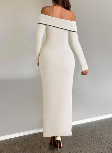 HUUSA Off The Shoulder Dress for Women 2025 Long Sleeve Bodycon Sexy Party Maxi Color Block Dresses in Kuwait