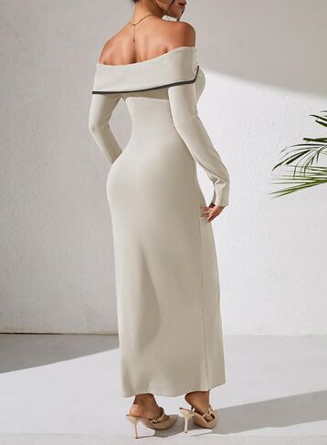HUUSA Off The Shoulder Dress for Women 2025 Long Sleeve Bodycon Sexy Party Maxi Color Block Dresses in Kuwait