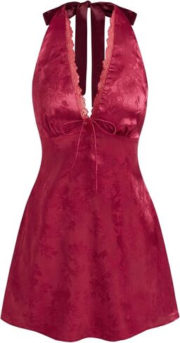 CIDER Party Dresses Floral Lace Trim Bowknot Halter Neck Mini Dress High Waist Satin Dress Sleeveless in Saudi Arabia
