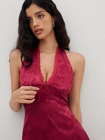 CIDER Party Dresses Floral Lace Trim Bowknot Halter Neck Mini Dress High Waist Satin Dress Sleeveless in Saudi Arabia