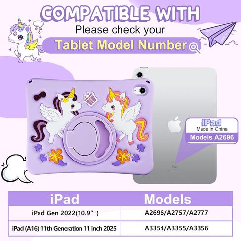 HianDier for iPad A16 Case 11th 2025 iPad 10th Generation Case for Kids Cute Unicorn Silicone Tablet Cover with Detachable Strap and Rotatable Stand Shockproof Cover for iPad 11inch 10.9inch-Rose Pink in Saudi Arabia