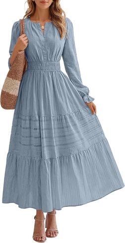 Women's Fall Maxi Dress Long Sleeve V Neck A Line Tiered Flowy Ruffle Boho Dress for Wedding Guest Cocktail Party in Kuwait