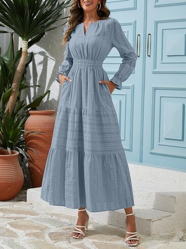 Women's Fall Maxi Dress Long Sleeve V Neck A Line Tiered Flowy Ruffle Boho Dress for Wedding Guest Cocktail Party in Kuwait