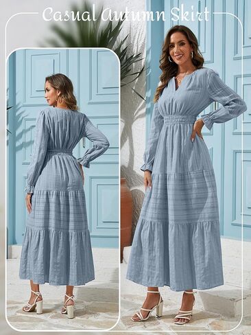 Women's Fall Maxi Dress Long Sleeve V Neck A Line Tiered Flowy Ruffle Boho Dress for Wedding Guest Cocktail Party in Kuwait