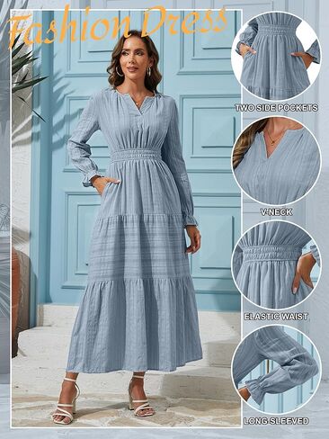 Women's Fall Maxi Dress Long Sleeve V Neck A Line Tiered Flowy Ruffle Boho Dress for Wedding Guest Cocktail Party in Kuwait