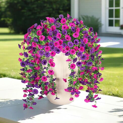 Jasion 4 Bundles Artificial Hanging Flowers Outdoor Realistic Morning Glory Silk Fake Plants UV Resistant for Porch Balcony Fence Decor (Purple) in Saudi Arabia