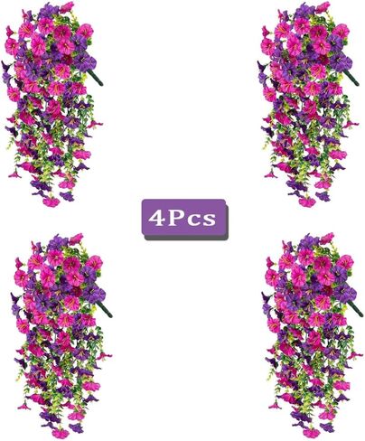 Jasion 4 Bundles Artificial Hanging Flowers Outdoor Realistic Morning Glory Silk Fake Plants UV Resistant for Porch Balcony Fence Decor (Purple) in Saudi Arabia