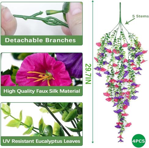 Jasion 4 Bundles Artificial Hanging Flowers Outdoor Realistic Morning Glory Silk Fake Plants UV Resistant for Porch Balcony Fence Decor (Purple) in Saudi Arabia