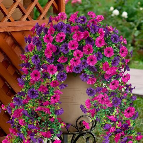 Jasion 4 Bundles Artificial Hanging Flowers Outdoor Realistic Morning Glory Silk Fake Plants UV Resistant for Porch Balcony Fence Decor (Purple) in Saudi Arabia