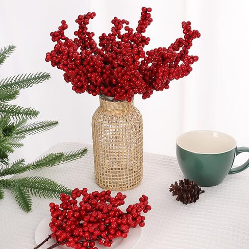 4 PCS Christmas Artificial Berries Stem Red Holly Berry Fake Flowers Plant Xmas Tree New Year Party Home Decor Ornament Gifts (20.5x7x3cm) in Saudi Arabia