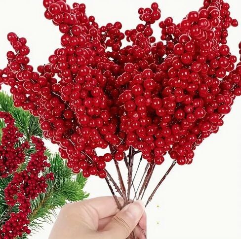 4 PCS Christmas Artificial Berries Stem Red Holly Berry Fake Flowers Plant Xmas Tree New Year Party Home Decor Ornament Gifts (20.5x7x3cm) in Saudi Arabia