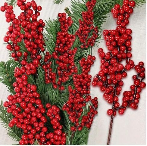 4 PCS Christmas Artificial Berries Stem Red Holly Berry Fake Flowers Plant Xmas Tree New Year Party Home Decor Ornament Gifts (20.5x7x3cm) in Saudi Arabia