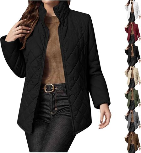 Quilted Jackets For Women Casual Lightweight Fall Jackets Zip up Winter Long Sleeve Stand Neck Warm Coat in Saudi Arabia