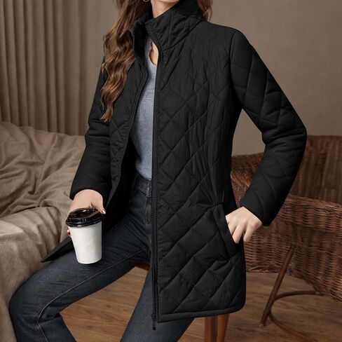 Quilted Jackets For Women Casual Lightweight Fall Jackets Zip up Winter Long Sleeve Stand Neck Warm Coat in Saudi Arabia