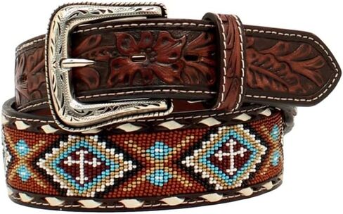 Nocona Mens Floral Tabs Beaded Buck Lacing Belt, Size 38, White in Saudi Arabia