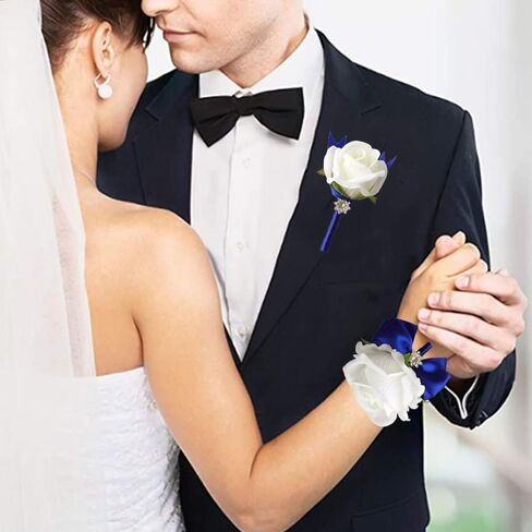 Wrist Corsage Rose Corsage and Boutonniere Set for Bride Groom Wedding Prom Party Hand Flower Decoration Set of 2 (Black & Blue) in Saudi Arabia