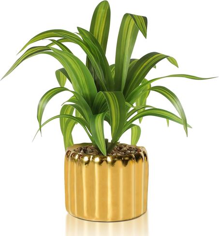 9" Artificial Dracaena Plant with Textured Leaves Golden Ceramic Pot Realistic Faux Greenery Fake Potted Plant Indoor Outdoor Home Decor for Living Room Office Garden Table Centerpiece in Kuwait