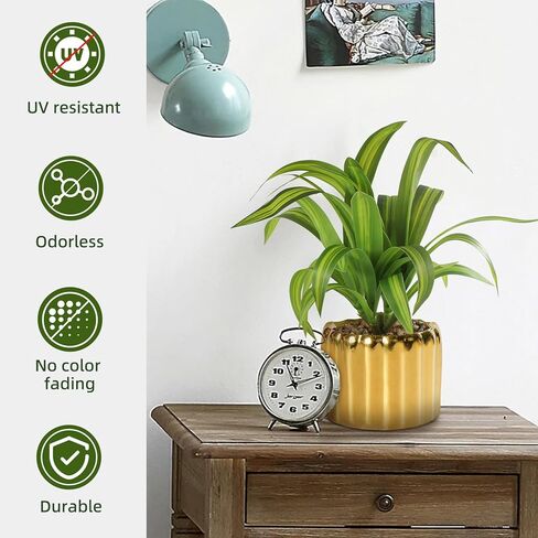 9" Artificial Dracaena Plant with Textured Leaves Golden Ceramic Pot Realistic Faux Greenery Fake Potted Plant Indoor Outdoor Home Decor for Living Room Office Garden Table Centerpiece in Kuwait