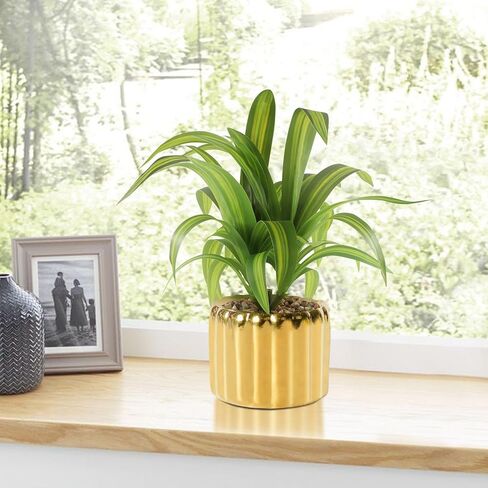 9" Artificial Dracaena Plant with Textured Leaves Golden Ceramic Pot Realistic Faux Greenery Fake Potted Plant Indoor Outdoor Home Decor for Living Room Office Garden Table Centerpiece in Kuwait