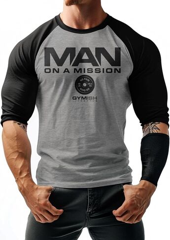 قميص رجالي للتمرين من Man On Mission Raglan، تي شيرت رجالي ملهم للجيم 3/4 كم in Kuwait
