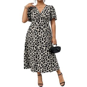 Floerns Women's Plus Size Cheetah Midi Dress Twist Front V Neck Short Sleeve A Line Dresses in Saudi Arabia