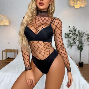 Womens Lingerie for Women Sexy Fishnet Bodysuit One Piece Long Sleeve Mesh Rave Outfits See Through Bodydoll Bodysuits Club in Kuwait