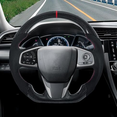Carbon Fiber Steering Wheel for Honda Civic Gen 10th 2016-2021,Type R FK8 North American Spec, D-shaped Flat-bottom Perforated Leather Grip in Kuwait