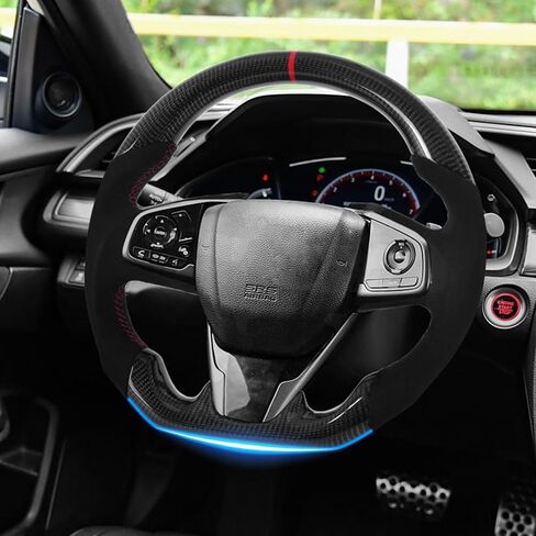 Carbon Fiber Steering Wheel for Honda Civic Gen 10th 2016-2021,Type R FK8 North American Spec, D-shaped Flat-bottom Perforated Leather Grip in Kuwait