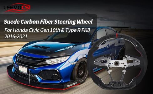 Carbon Fiber Steering Wheel for Honda Civic Gen 10th 2016-2021,Type R FK8 North American Spec, D-shaped Flat-bottom Perforated Leather Grip in Kuwait
