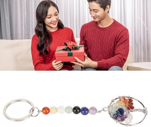 Healing Keychain Stone Beads Pendant Keychain 7 Chakra Tree Pendant Keychain Colorful Faux Crystal Healing Beads Keyring for Purse Handbag Backpack in Kuwait