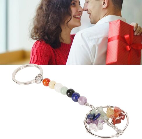 Healing Keychain Stone Beads Pendant Keychain 7 Chakra Tree Pendant Keychain Colorful Faux Crystal Healing Beads Keyring for Purse Handbag Backpack in Kuwait