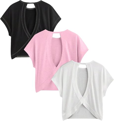Women's 3 Packs Open Back T Shirt Criss Cross Cut Out Tee Short Sleeve Crewneck Summer Backless Tops in Saudi Arabia