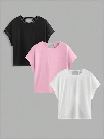 Women's 3 Packs Open Back T Shirt Criss Cross Cut Out Tee Short Sleeve Crewneck Summer Backless Tops in Saudi Arabia