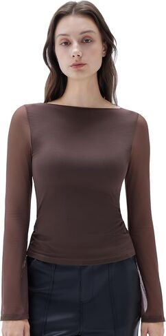 SUUKSESS Women Double Line Mesh Tops Boat Neck Long Sleeve Shirts in Saudi Arabia